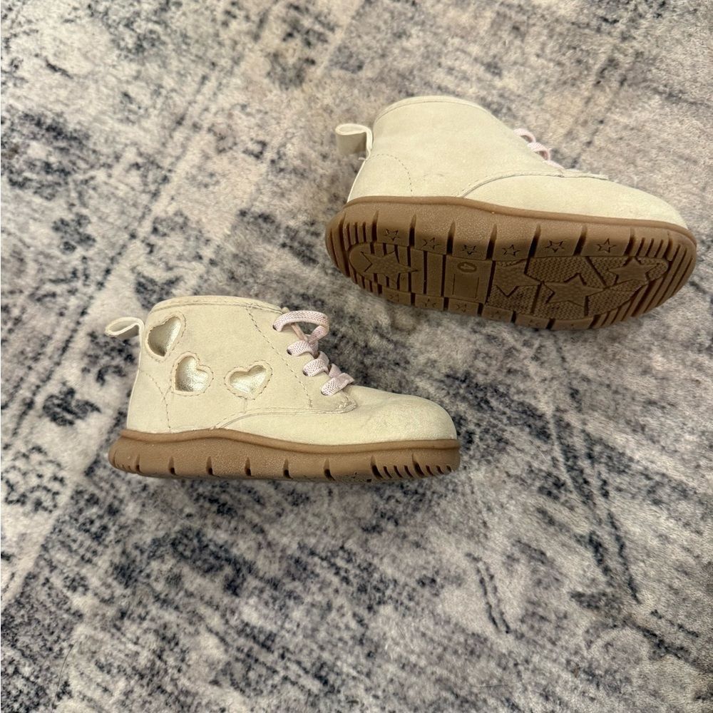 Kids Cream Heart-Accent Booties - Comfortable Lace-Up Shoes